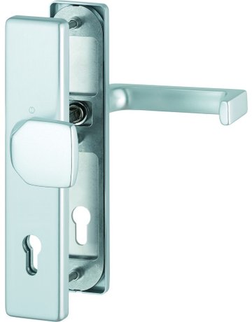 HOPPE Sicherheits-Wechselgarnitur Dallas FS-61G/2221/2210/1644F, Langschild eckig, 12mm, ES 1, ohne Zylinderabdeckung, Profilzylinder gelocht, Entfernung 92mm, Vierkant 9mm, Türstärke 67-72mm, naturfarben eloxiert