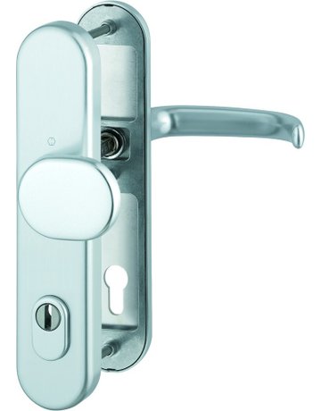 HOPPE Sicherheits-Wechselgarnitur San Francisco FS-86G/3332ZA/3310/1301F, Langschild oval, 15mm, ES 1, ohne Zylinderabdeckung, Profilzylinder gelocht, Entfernung 92mm, Vierkant 9mm, Türstärke 67-72mm, naturfarben eloxiert