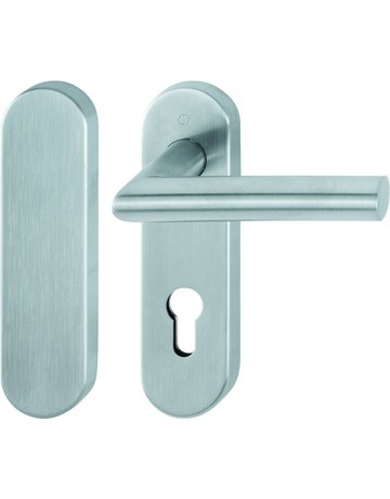 HOPPE Standflügelgarnitur Amsterdam FS-E1400/353KH, Kurzschild, oval, Blind/Profilzylinder gelocht, Entfernung 72mm, Vierkant 9mm, Türstärke 40 - 65mm, Befestigungstechnik mit Stütznocken, grau, edelstahl matt