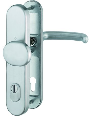 HOPPE Sicherheits-Wechselgarnitur San Francisco FS-E86G/3332ZA/3310/1301F, Langschild oval, 15mm, ES 1, ohne Zylinderabdeckung, Profilzylinder gelocht, Entfernung 92mm, Vierkant 9mm, Türstärke 67-72mm, edelstahl matt