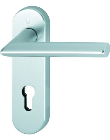 HOPPE Drückergarnitur Stockholm FS-1140/353KH, Kurzschild, oval, Profilzylinder gelocht, Entfernung 72mm, Vierkant 9mm, Türstärke 45 - 65mm, Befestigungstechnik mit Stütznocken, silber, naturfarben, eloxiert