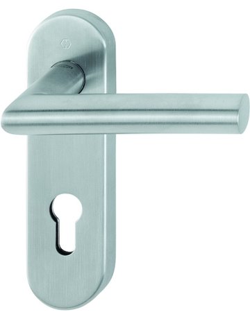 HOPPE Drückergarnitur Amsterdam FS-E1400/353KH, Kurzschild, oval, Profilzylinder gelocht, Entfernung 72mm, Vierkant 9mm, Türstärke 40 - 65mm, Befestigungstechnik mit Stütznocken, grau, edelstahl matt-SecuSan