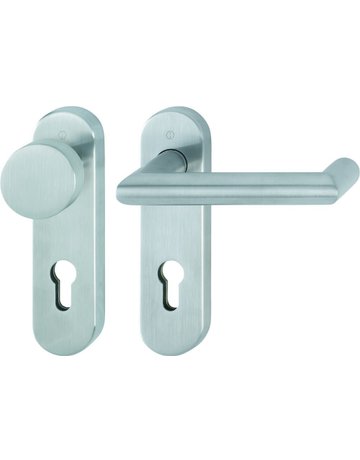 HOPPE Wechselgarnitur Rotterdam FS-E58/353KH/1401, Kurzschild, oval, Profilzylinder gelocht, Entfernung 72mm, Vierkant 9mm, Türstärke 40 - 65mm, Befestigungstechnik mit Stütznocken, grau, edelstahl matt