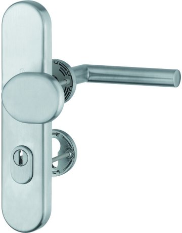 HOPPE Kombi-Schutzgarnitur Amsterdam FS-E86G/3332ZA/42H/42HS/1400, Langschild/Rosette, ES 1, mit Zylinderabdeckung, Profilzylinder gelocht, Entfernung 72mm, Vierkant 9mm, TS 42 - 47mm, grau, edelstahl matt, Schildstärke 15mm