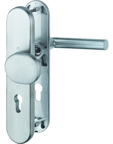HOPPE Sicherheits-Wechselgarnitur Utrecht E86G/3331A/3440/1444Z, Langschild oval, 12mm, ES 0, ohne Zylinderabdeckung, Profilzylinder gelocht, Entfernung 72mm, Vierkant 8mm, Türstärke 42-47mm, edelstahl matt