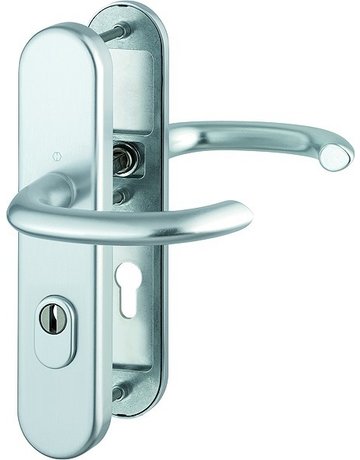 HOPPE Sicherheits-Drückergarnitur Marseille FS-1138F/3332ZA/3310, Langschild oval, 15mm, ES 1, mit Zylinderabdeckung, Profilzylinder gelocht, Entfernung 72mm, Vierkant 9mm, Türstärke 42-47mm, naturfarben eloxiert