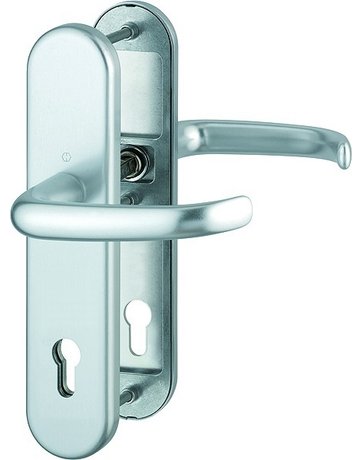 HOPPE Sicherheits-Drückergarnitur San Francisco FS-1301F/3331/3310, Langschild oval, 12mm, ES 1, ohne Zylinderabdeckung, Profilzylinder gelocht, Entfernung 92mm, Vierkant 9mm, Türstärke 67-72mm, naturfarben eloxiert