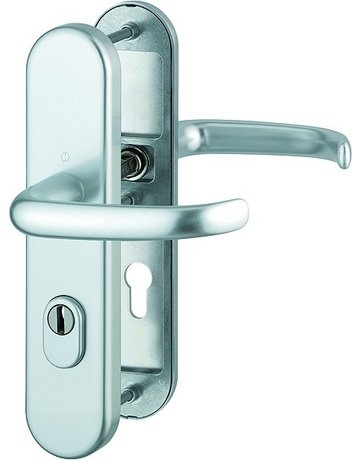 HOPPE Sicherheits-Drückergarnitur San Francisco FS-1301F/3332ZA/3310, Langschild oval, 15mm, ES 1, mit Zylinderabdeckung, Profilzylinder gelocht, Entfernung 72mm, Vierkant 9mm, Türstärke 42-47mm, naturfarben eloxiert