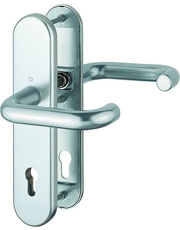 HOPPE Sicherheits-Drückergarnitur Paris FS-138F/3331/3310, Langschild oval, 12mm, ES 1, ohne Zylinderabdeckung, Profilzylinder gelocht, Entfernung 92mm, Vierkant 9mm, Türstärke 67-72mm, naturfarben eloxiert