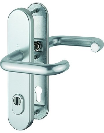 HOPPE Sicherheits-Drückergarnitur Paris FS-138F/3332ZA/3310, Langschild oval, 15mm, ES 1, mit Zylinderabdeckung, Profilzylinder gelocht, Entfernung 92mm, Vierkant 9mm, Türstärke 67-72mm, naturfarben eloxiert