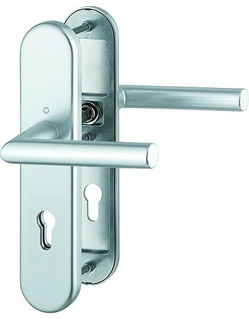 HOPPE Sicherheits-Drückergarnitur Amsterdam FS-1400F/3331/3310, Langschild oval, 12mm, ES 1, ohne Zylinderabdeckung, Profilzylinder gelocht, Entfernung 72mm, Vierkant 9mm, Türstärke 42-47mm, naturfarben eloxiert
