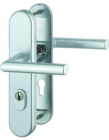 HOPPE Sicherheits-Drückergarnitur Amsterdam FS-1400F/3332ZA/3310, Langschild oval, 15mm, ES 1, mit Zylinderabdeckung, Profilzylinder gelocht, Entfernung 72mm, Vierkant 9mm, Türstärke 42-47mm, naturfarben eloxiert
