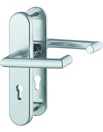 HOPPE Sicherheits-Drückergarnitur Rotterdam FS-1401F/3331/3310, Langschild oval, 12mm, ES 1, ohne Zylinderabdeckung, Profilzylinder gelocht, Entfernung 72mm, Vierkant 9mm, Türstärke 42-47mm, naturfarben eloxiert