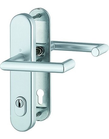 HOPPE Sicherheits-Drückergarnitur Rotterdam FS-1401F/3332ZA/3310, Langschild oval, 15mm, ES 1, mit Zylinderabdeckung, Profilzylinder gelocht, Entfernung 92mm, Vierkant 9mm, Türstärke 67-72mm, naturfarben eloxiert