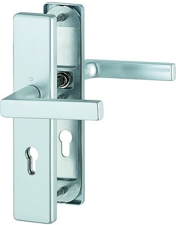 HOPPE Sicherheits-Drückergarnitur Dallas FS-1643F/2221/2210, Langschild eckig, 12mm, ES 1, ohne Zylinderabdeckung, Profilzylinder gelocht, Entfernung 72mm, Vierkant 9mm, Türstärke 42-47mm, naturfarben eloxiert