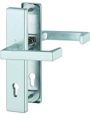 HOPPE Sicherheits-Drückergarnitur Detroit FS-1644F/2221/2210, Langschild eckig, 12mm, ES 1, ohne Zylinderabdeckung, Profilzylinder gelocht, Entfernung 92mm, Vierkant 9mm, Türstärke 67-72mm, naturfarben eloxiert