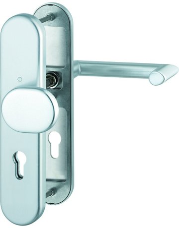 HOPPE Sicherheits-Wechselgarnitur Karlstad FS-86G/3331/3310/1141F, Langschild oval, 12mm, ES 1, ohne Zylinderabdeckung, Profilzylinder gelocht, Entfernung 72mm, Vierkant 9mm, Türstärke 42-47mm, naturfarben eloxiert