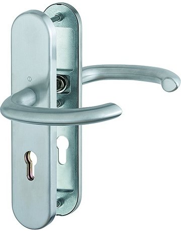 HOPPE Sicherheits-Drückergarnitur Marseille FS-E1138F/3331/3310, Langschild oval, 12mm, ES 1, ohne Zylinderabdeckung, Profilzylinder gelocht, Entfernung 72mm, Vierkant 9mm, Türstärke 42-47mm, edelstahl matt