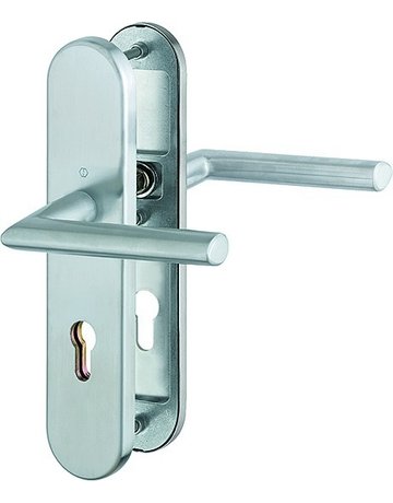 HOPPE Sicherheits-Drückergarnitur Stockholm FS-E1140F/3331/3310, Langschild oval, 12mm, ES 1, ohne Zylinderabdeckung, Profilzylinder gelocht, Entfernung 72mm, Vierkant 9mm, Türstärke 42-47mm, edelstahl matt