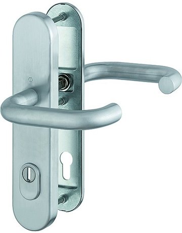 HOPPE Sicherheits-Drückergarnitur Paris FS-E138F/3332ZA/3310, Langschild oval, 15mm, ES 1, mit Zylinderabdeckung, Profilzylinder gelocht, Entfernung 92mm, Vierkant 9mm, Türstärke 67-72mm, edelstahl matt