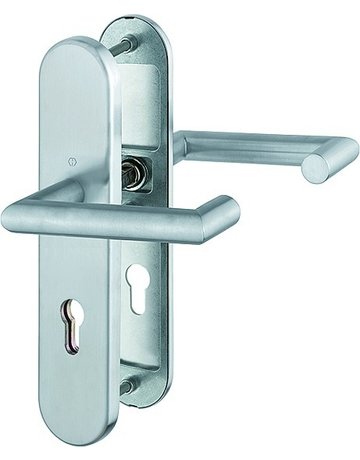 HOPPE Sicherheits-Drückergarnitur Rotterdam FS-E1401F/3331/3310, Langschild oval, 12mm, ES 1, ohne Zylinderabdeckung, Profilzylinder gelocht, Entfernung 72mm, Vierkant 9mm, Türstärke 42-47mm, edelstahl matt