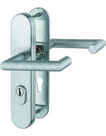 HOPPE Sicherheits-Drückergarnitur Rotterdam FS-E1401F/3332ZA/3310, Langschild oval, 15mm, ES 1, mit Zylinderabdeckung, Profilzylinder gelocht, Entfernung 72mm, Vierkant 9mm, Türstärke 42-47mm, edelstahl matt