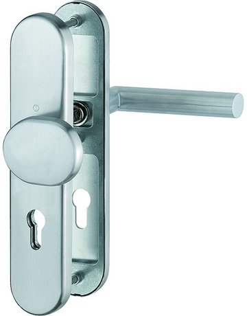 HOPPE Sicherheits-Wechselgarnitur Amsterdam FS-E86G/3331/3310/1400F, Langschild oval, 12mm, ES 1, ohne Zylinderabdeckung, Profilzylinder gelocht, Entfernung 72mm, Vierkant 9mm, Türstärke 42-47mm, edelstahl matt