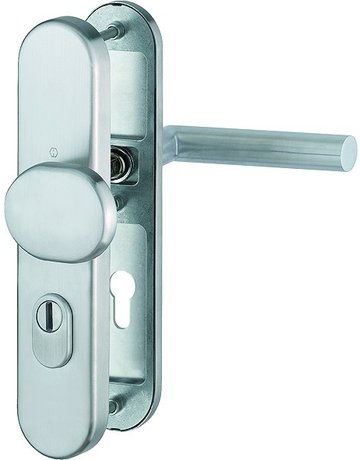 HOPPE Sicherheits-Wechselgarnitur Amsterdam FS-E86G/3332ZA/3310/1400F, Langschild oval, 15mm, ES 1, mit Zylinderabdeckung, Profilzylinder gelocht, Entfernung 72mm, Vierkant 9mm, Türstärke 42-47mm, edelstahl matt