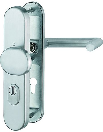 HOPPE Sicherheits-Wechselgarnitur Rotterdam FS-E86G/3332ZA/3310/1401F, Langschild oval, 15mm, ES 1, mit Zylinderabdeckung, Profilzylinder gelocht, Entfernung 72mm, Vierkant 9mm, Türstärke 42-47mm, edelstahl matt