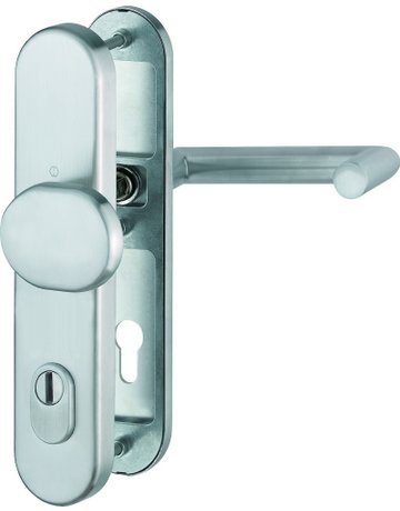 HOPPE Sicherheits-Wechselgarnitur Rotterdam FS-E86G/3332ZA/3310/1401F, Langschild oval, 15mm, ES 1, mit Zylinderabdeckung, Profilzylinder gelocht, Entfernung 92mm, Vierkant 9mm, Türstärke 67-72mm, edelstahl matt