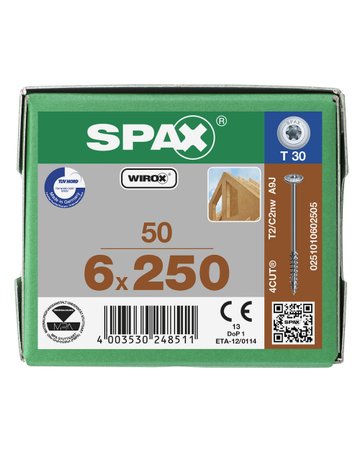 Holzschraube Hi.FORCE Tellerkopf 6x250mm,Teilgw,Innensechsrund T30,WIROX - SPAX