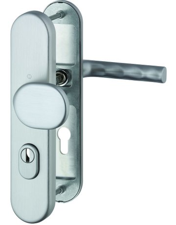 HOPPE Sicherheits-Wechselgarnitur Hamburg FS-86G/3332ZA/3310/1700, Langschild oval, 15mm, ES 1, mit Zylinderabdeckung, Profilzylinder gelocht, Entfernung 72mm, Vierkant 9mm, Türstärke 42-47mm, edelstahloptik matt eloxiert