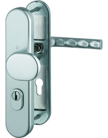 HOPPE Sicherheits-Wechselgarnitur Hamburg FS-86G/3332ZA/3310/1700, Langschild oval, 15mm, ES 1, mit Zylinderabdeckung, Profilzylinder gelocht, Entfernung 72mm, Vierkant 9mm, Türstärke 42-47mm, stahlfarbig eloxiert