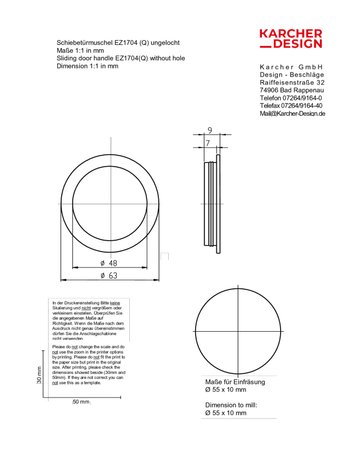 Schiebetürmuschel EZ1704Q ungelocht quadr. Edelstahl matt - Karcher Design - 4