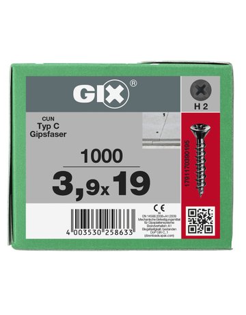 Trockenbauschraube GIX-C Senkkopf 3,9x19mm,Vollgw,Kreuzschlitz H2,sw phos - SPAX