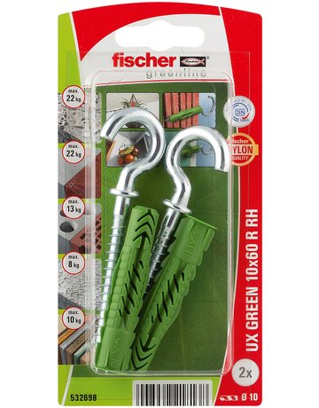 Universaldübel UX Green 10x60mm,KU,m.Rand,m.Rundhaken,VE 2 - fischer - 2