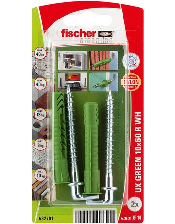 Universaldübel UX Green 10x60mm,KU,m.Rand,m.Winkelhaken,VE 2 - fischer - 2