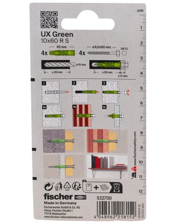 Universaldübel UX Green 10x60mm,KU,m.Rand,m.Schraube,VE 4 - fischer - 3