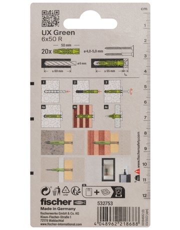 Universaldübel UX Green 6x35mm,KU,m.Rand,VE 20 - fischer - 3