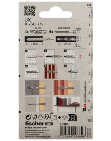 Universaldübel UX 10x60mm,KU,m.Rand,m.Schraube,VE 4 - fischer - 3