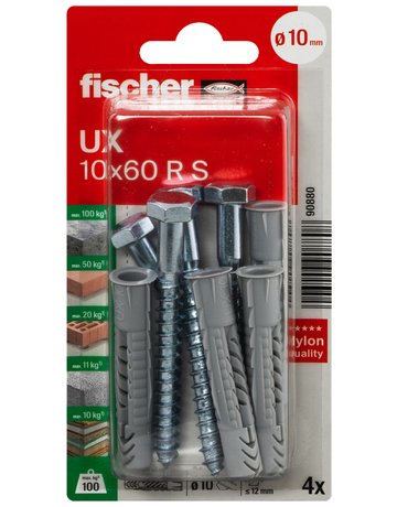Universaldübel UX 10x60mm,KU,m.Rand,m.Schraube,VE 4 - fischer - 2