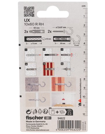 Universaldübel UX 10x60mm,KU,m.Rundhaken,VE 2 - fischer - 3